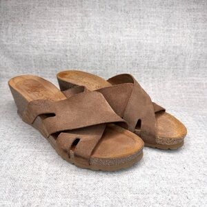 Yokono Brown Suede Crisscross Cork Wedge Heel Sandals size 7 Boho Preppy Comfy